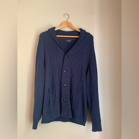 Roundtree & Yorke navy blue Cable Knit Sweater cardigan leather buttons collared - Picture 1 of 8